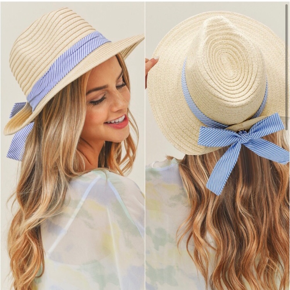 Straw creamy beige blue Womens hat - Picture 1 of 5